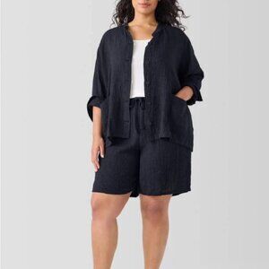 Eileen Fisher Puckered Organic Linen Collared Shirt Jacket $198 Blue/Black